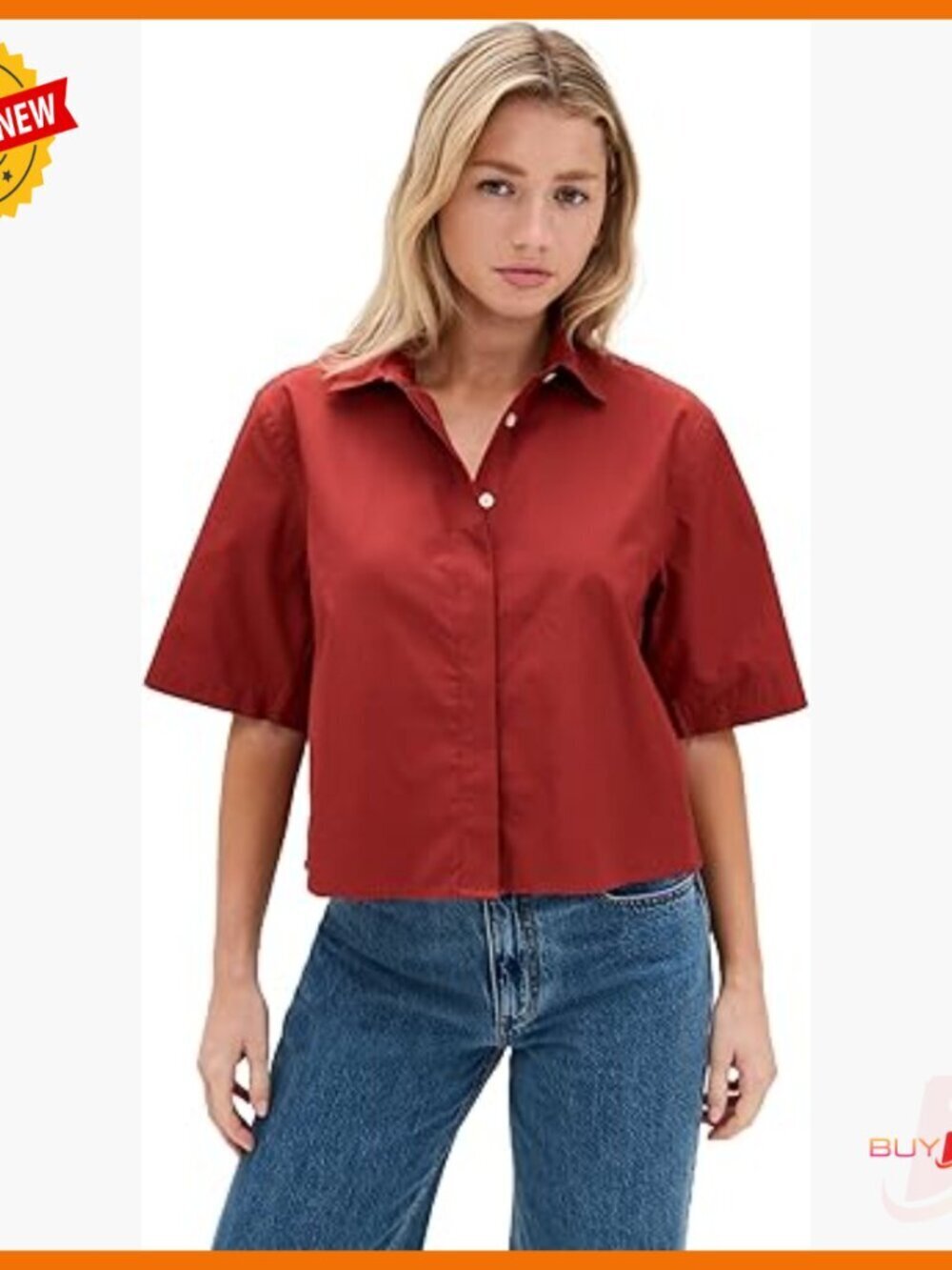 Relaxed Fit Cropped Shirt, Short Sleeve Collared Top, 100% Cotton